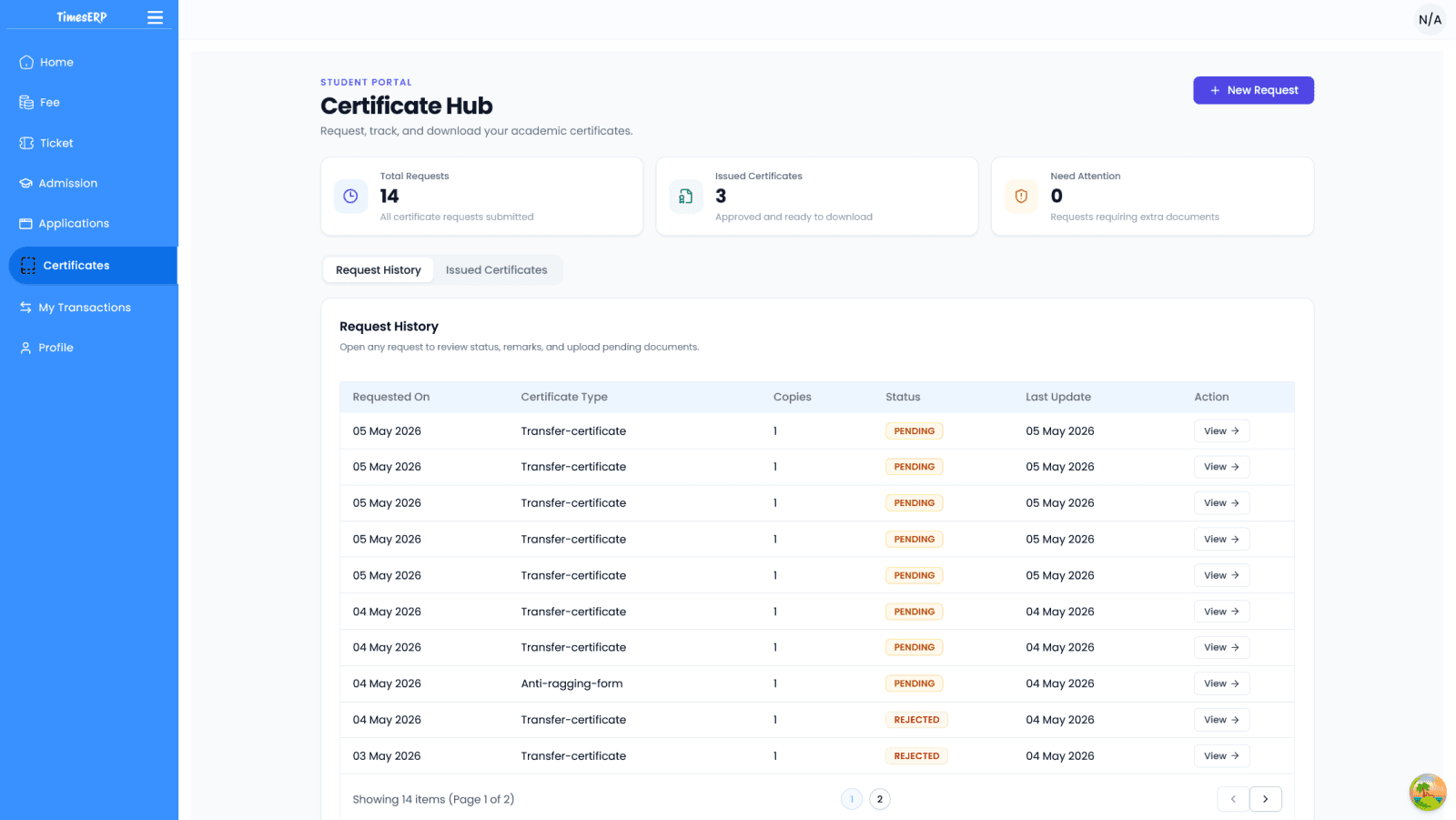 College ERP: Certificate management