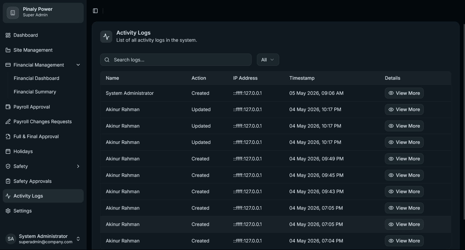 Pinaly Power ERP: Activity log
