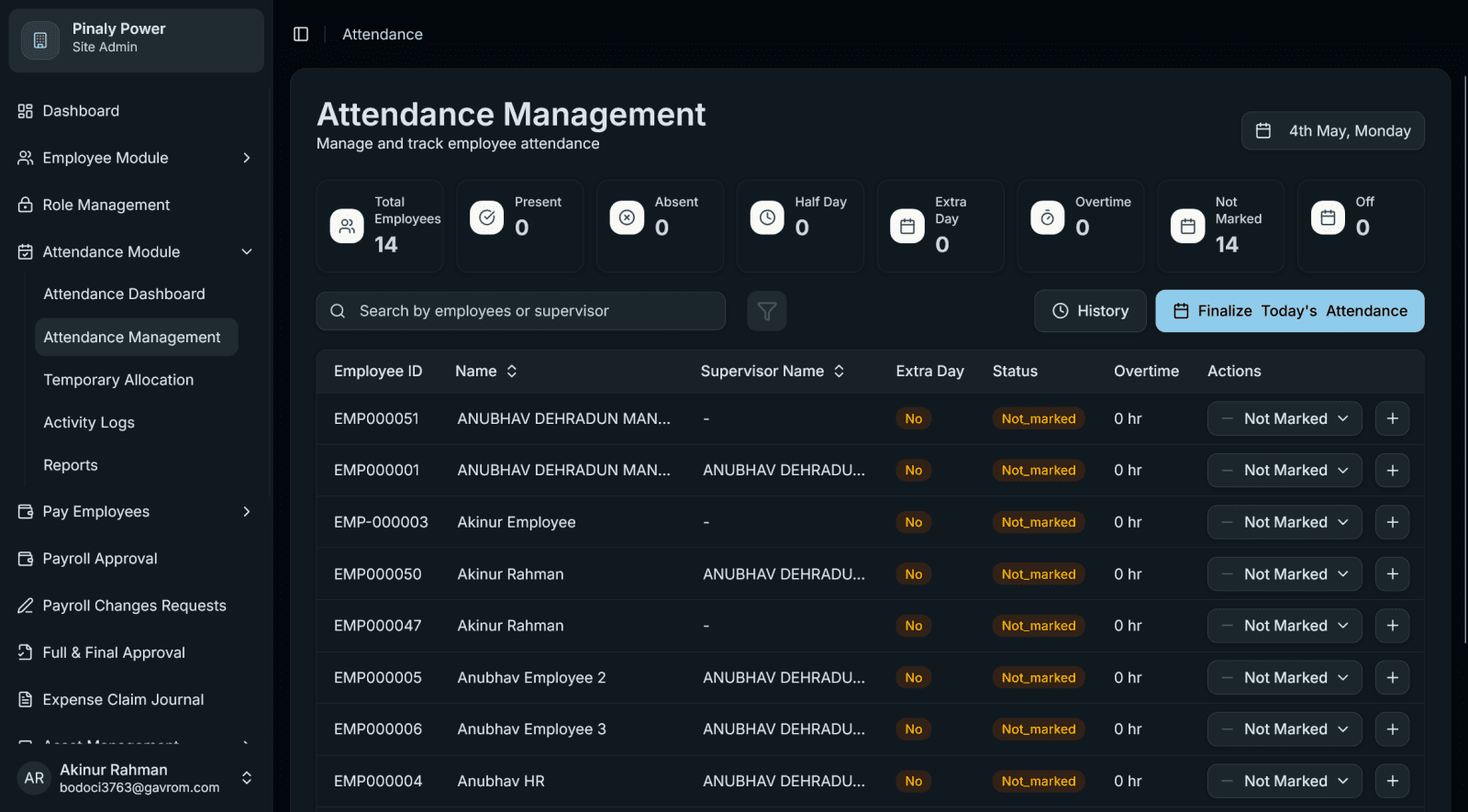 Pinaly Power ERP: Attendance tracking